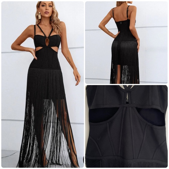 Elegant Black Strappy Fringe Bodycon Dress π€ Cutout Strappy Neck β’ Formal Dress - Picture 1 of 16